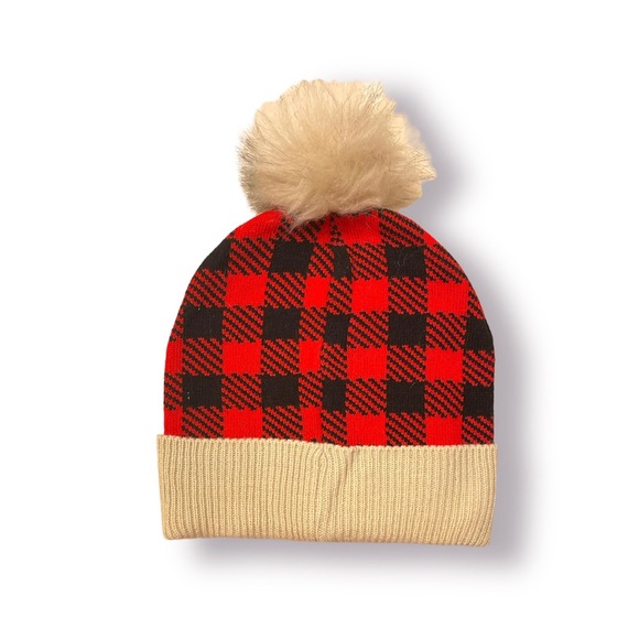 Red And Black Plaid Faux Fur Unisex Knit Winter Beanie With Pom Ball - Picture 2 of 4